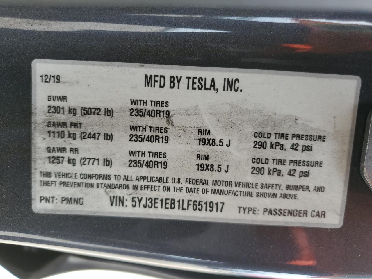 5YJ3E1EB1LF651917 2020 Tesla Model 3