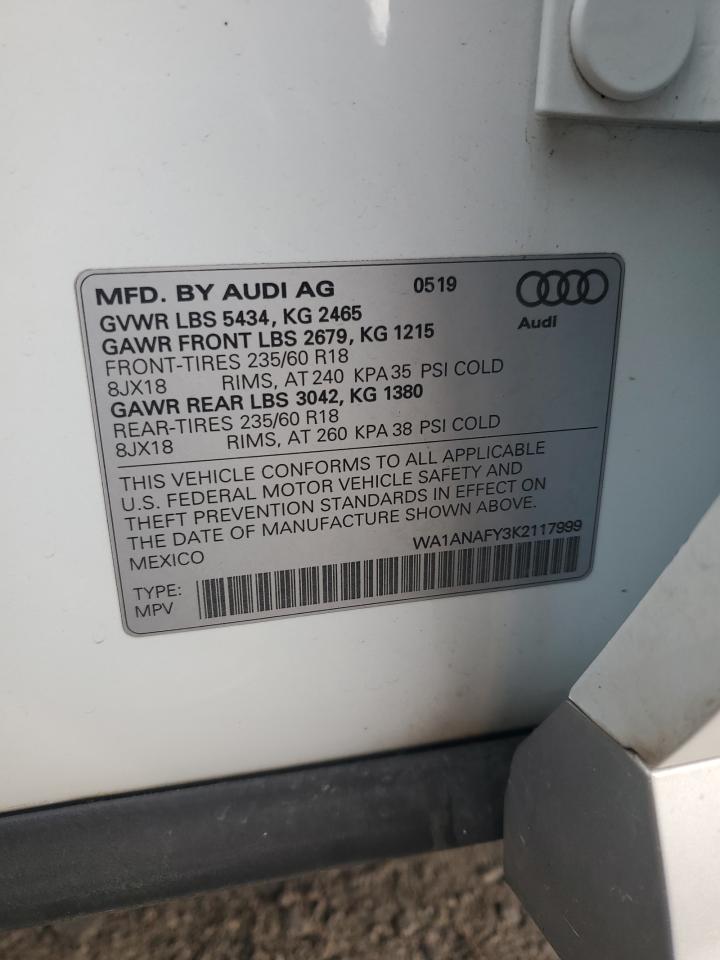 2019 Audi Q5 Premium VIN: WA1ANAFY3K2117999 Lot: 71500854