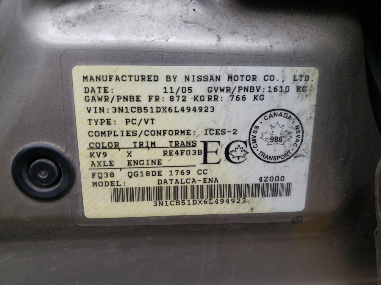 2006 Nissan Sentra 1.8 VIN: 3N1CB51DX6L494923 Lot: 70885094