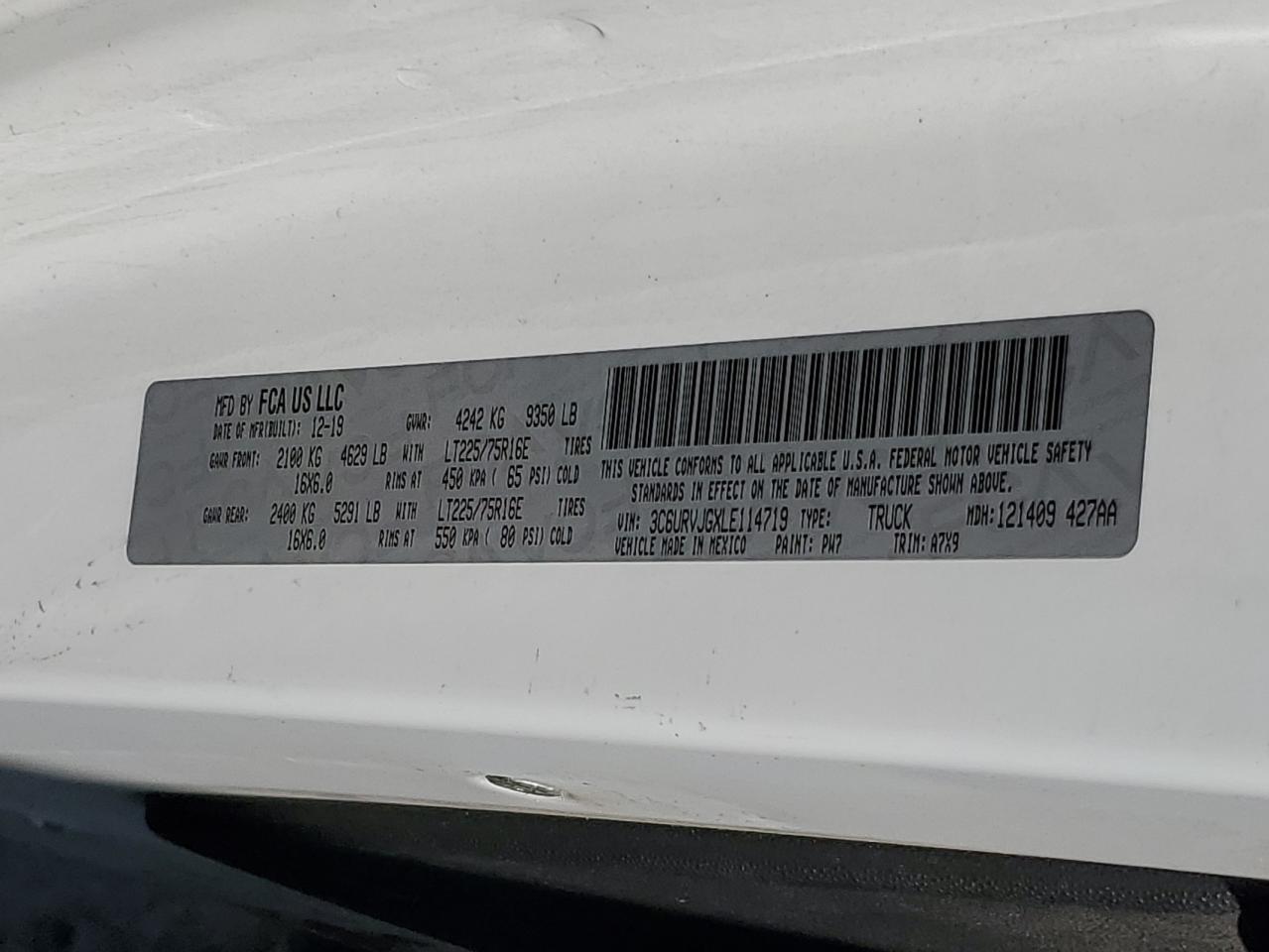 2020 Ram Promaster 3500 3500 High VIN: 3C6URVJGXLE114719 Lot: 71457094