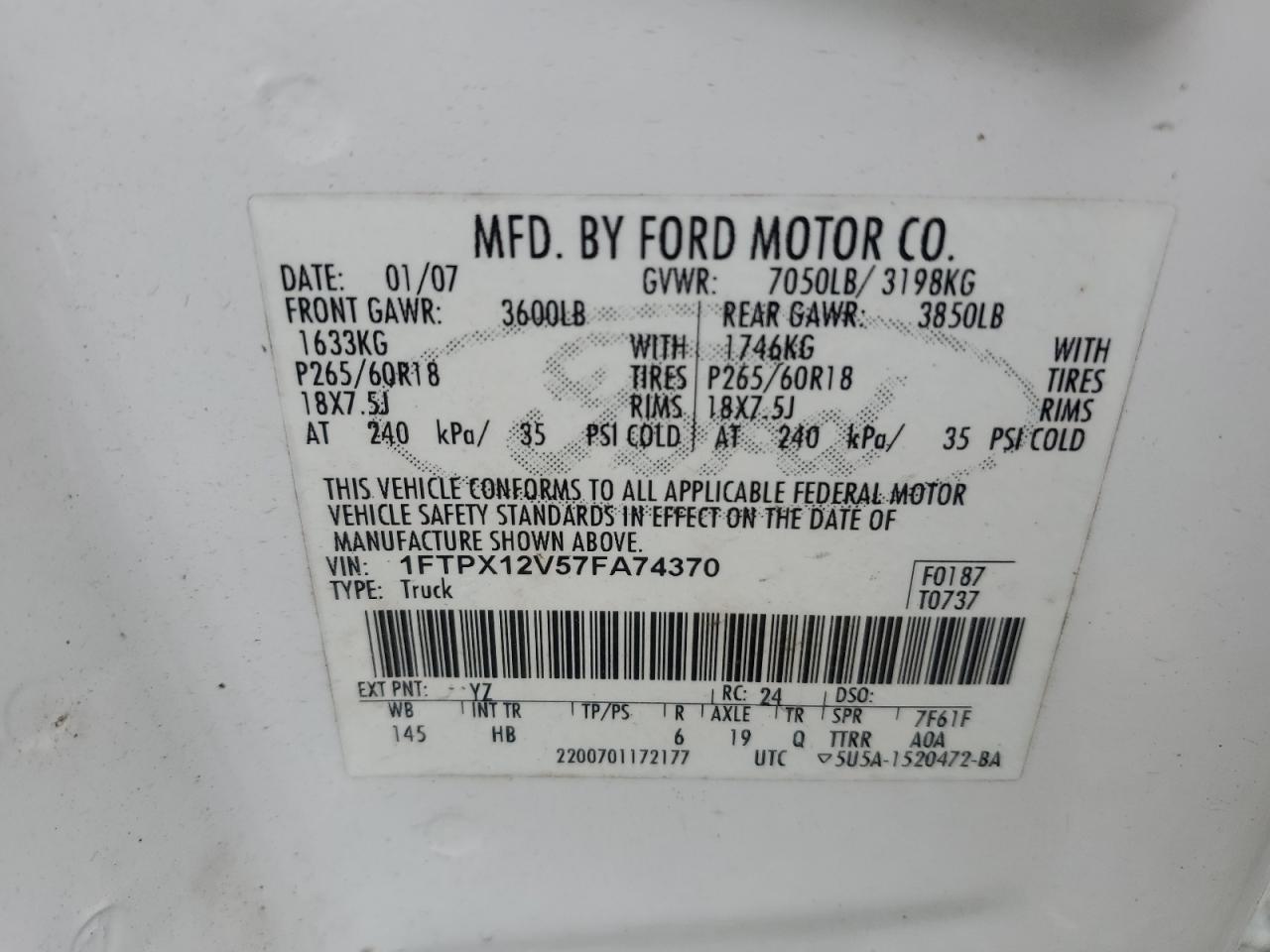 1FTPX12V57FA74370 2007 Ford F150