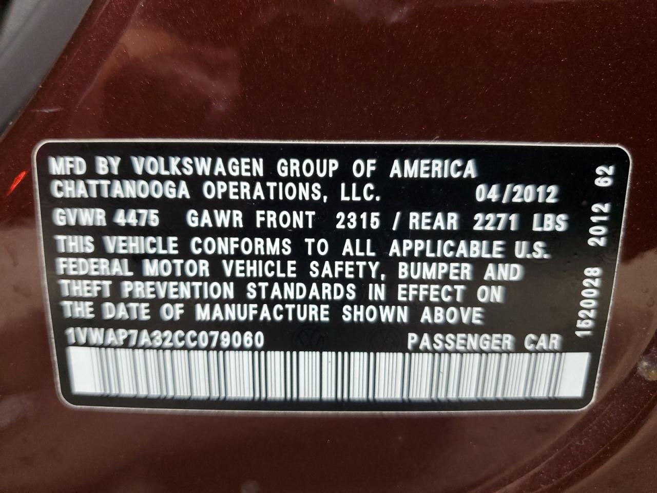 1VWAP7A32CC079060 2012 Volkswagen Passat S