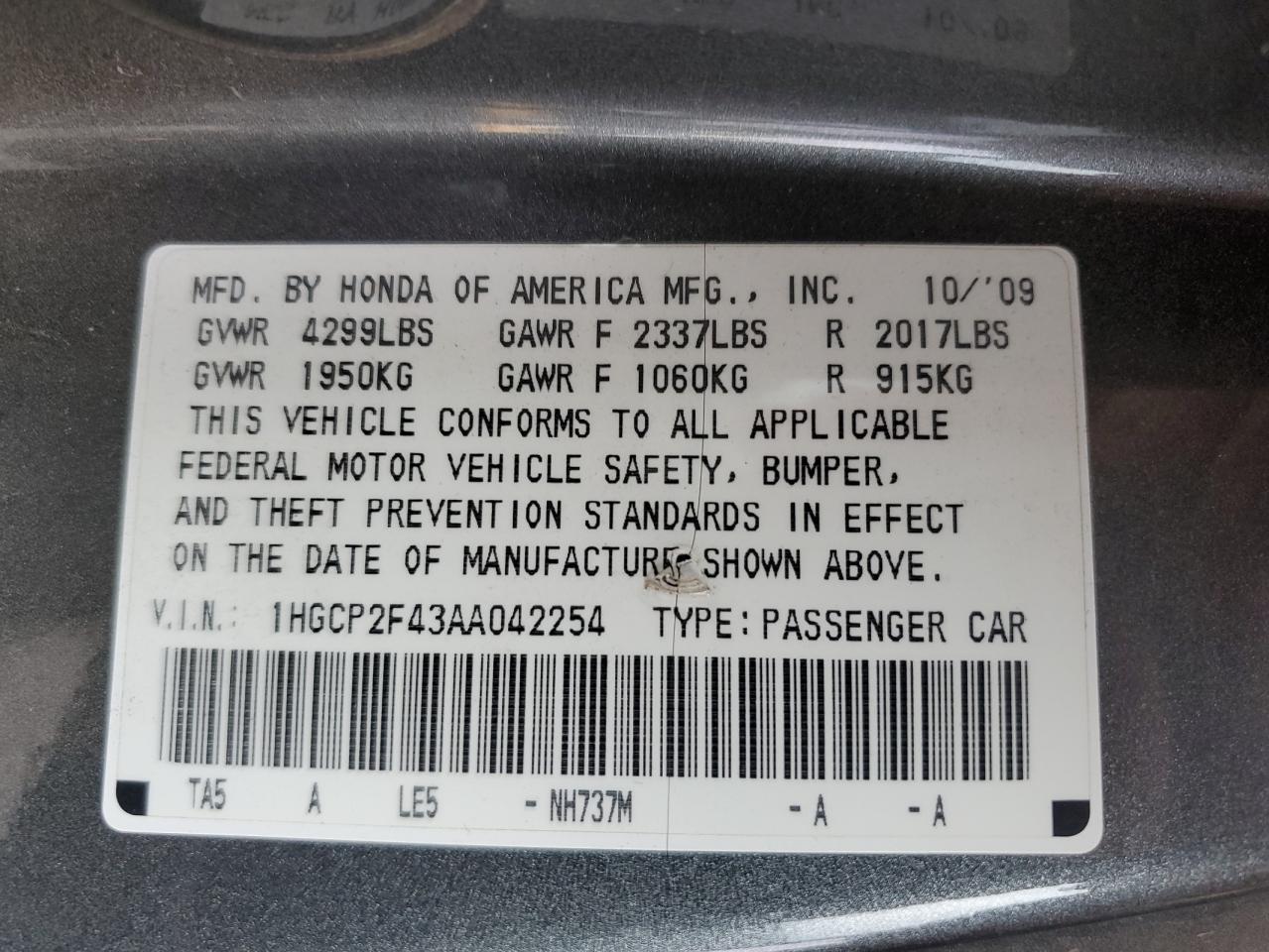 1HGCP2F43AA042254 2010 Honda Accord Lxp