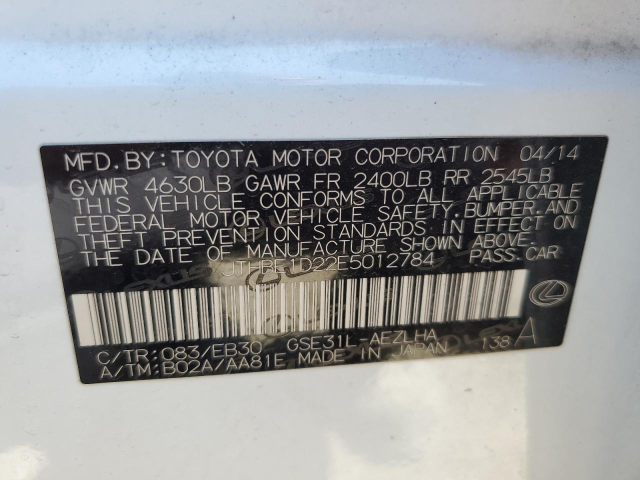 JTHBE1D22E5012784 2014 Lexus Is 350