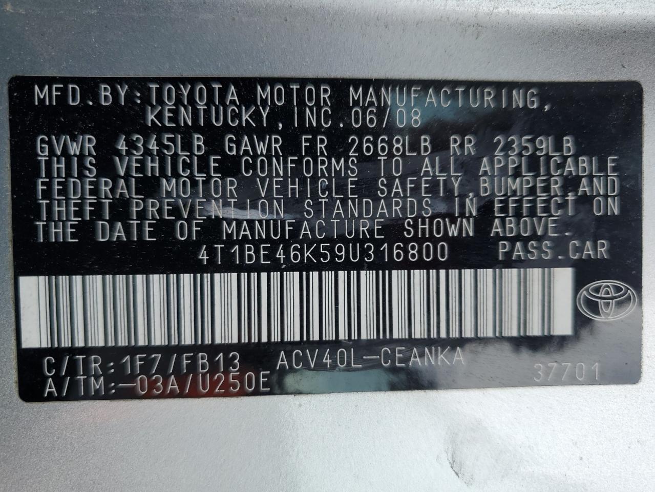 4T1BE46K59U316800 2009 Toyota Camry Base