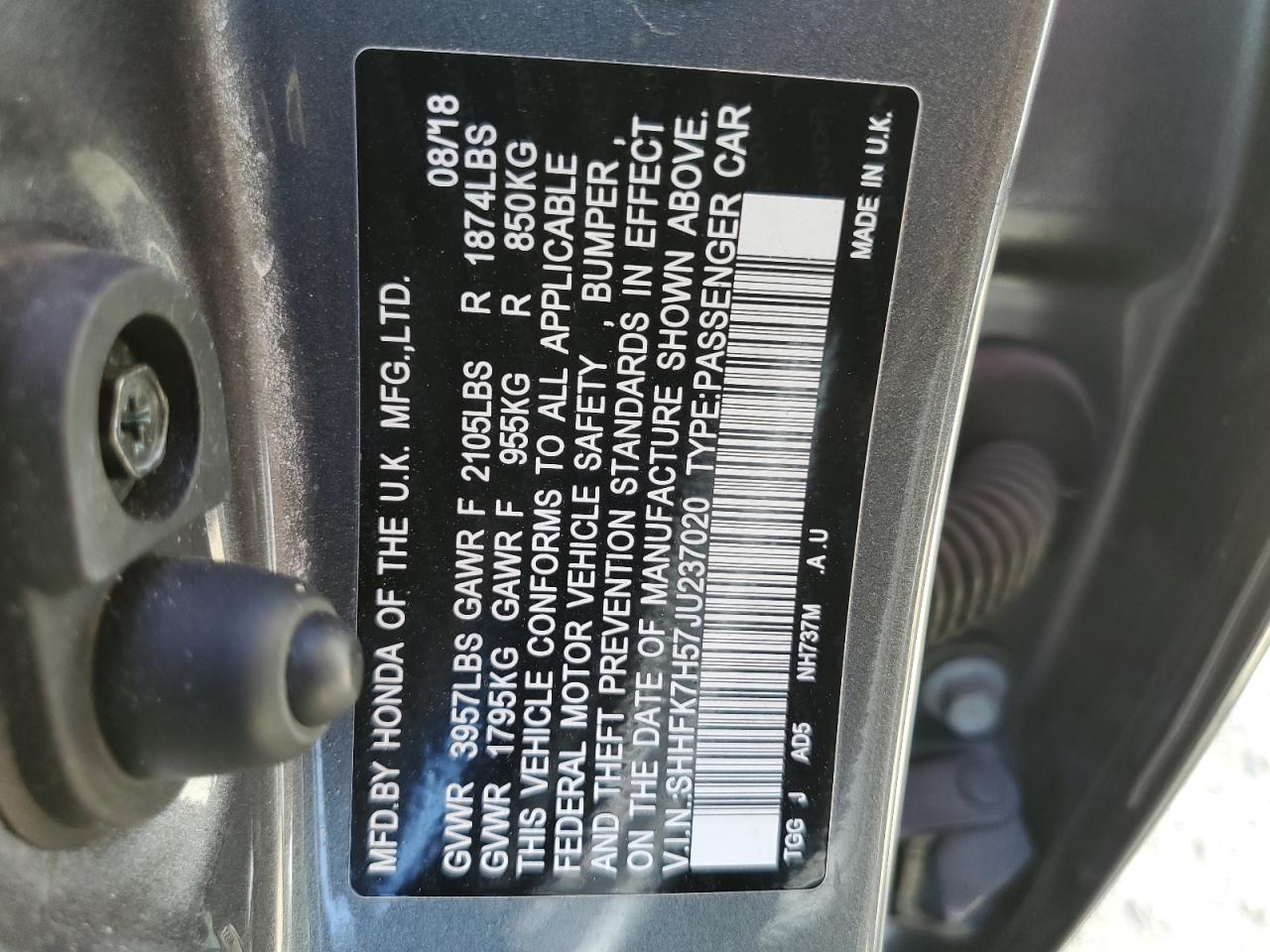 SHHFK7H57JU237020 2018 Honda Civic Ex