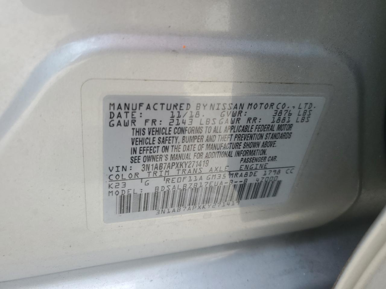 3N1AB7APXKY271419 2019 Nissan Sentra S