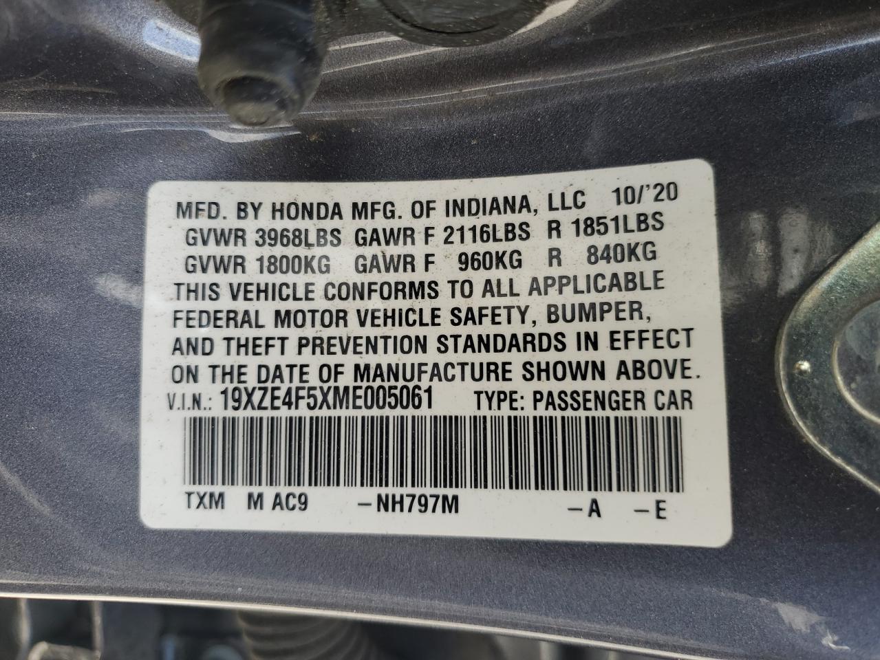 19XZE4F5XME005061 2021 Honda Insight Ex