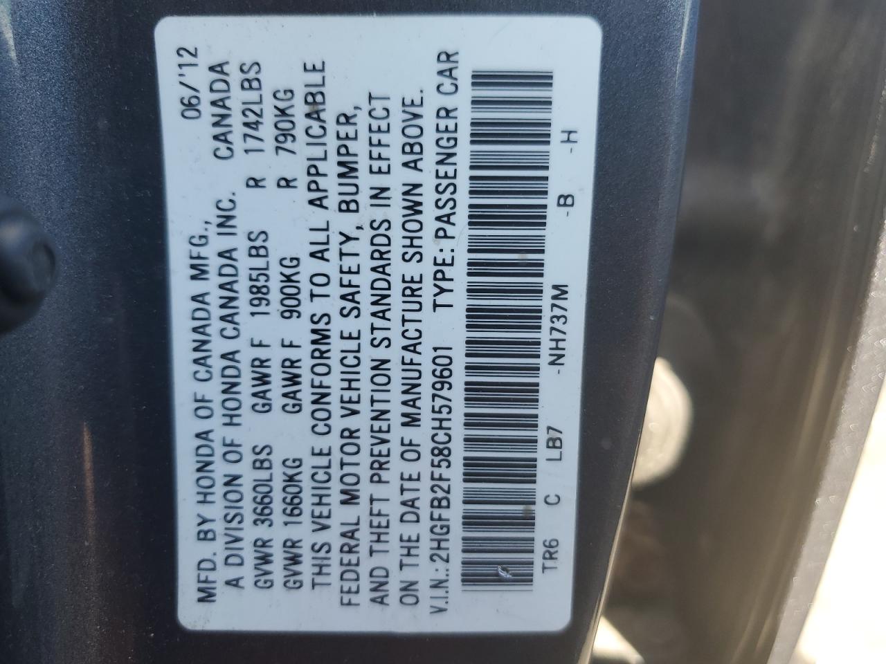 2HGFB2F58CH579601 2012 Honda Civic Lx