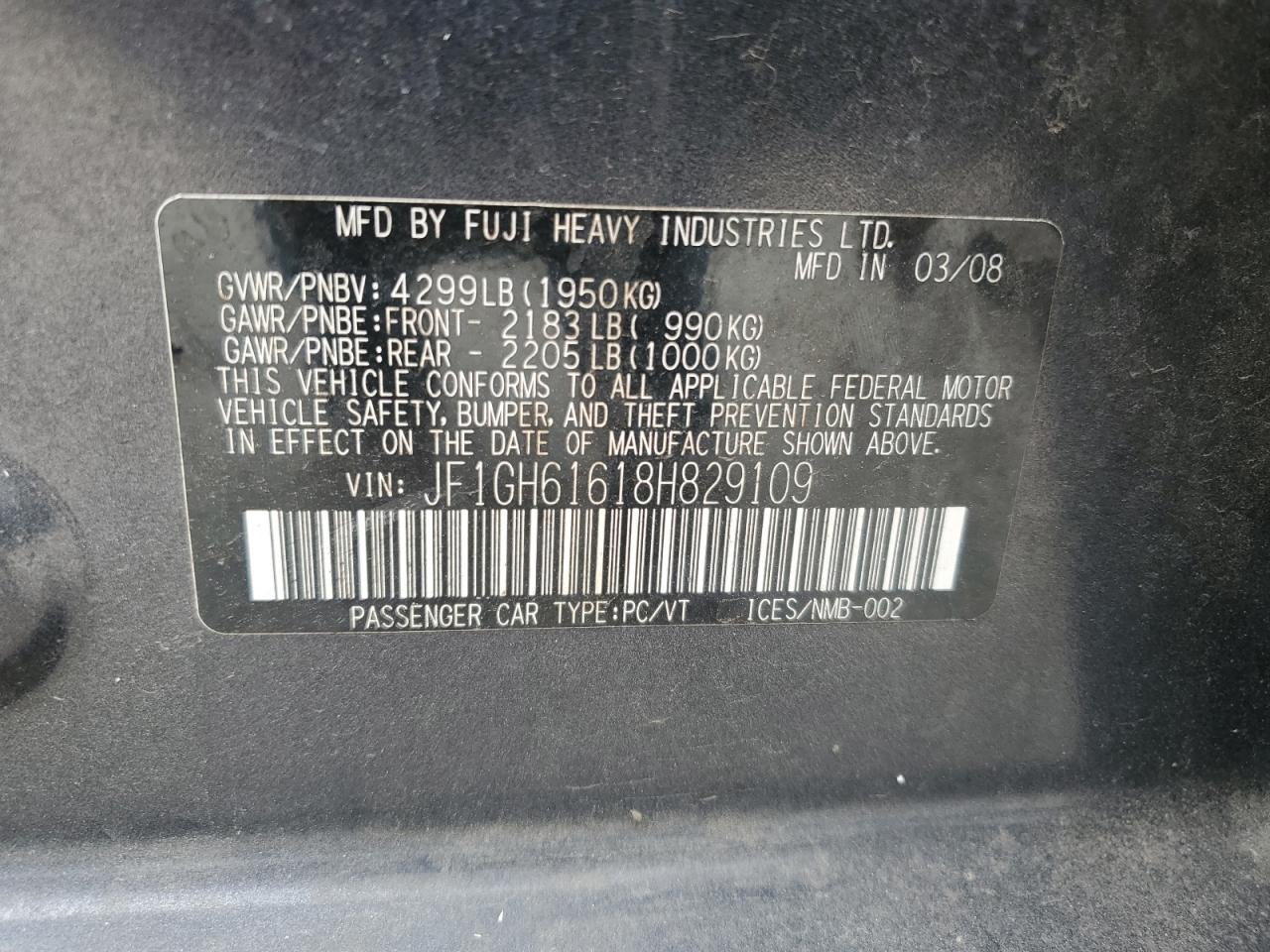 JF1GH61618H829109 2008 Subaru Impreza 2.5I