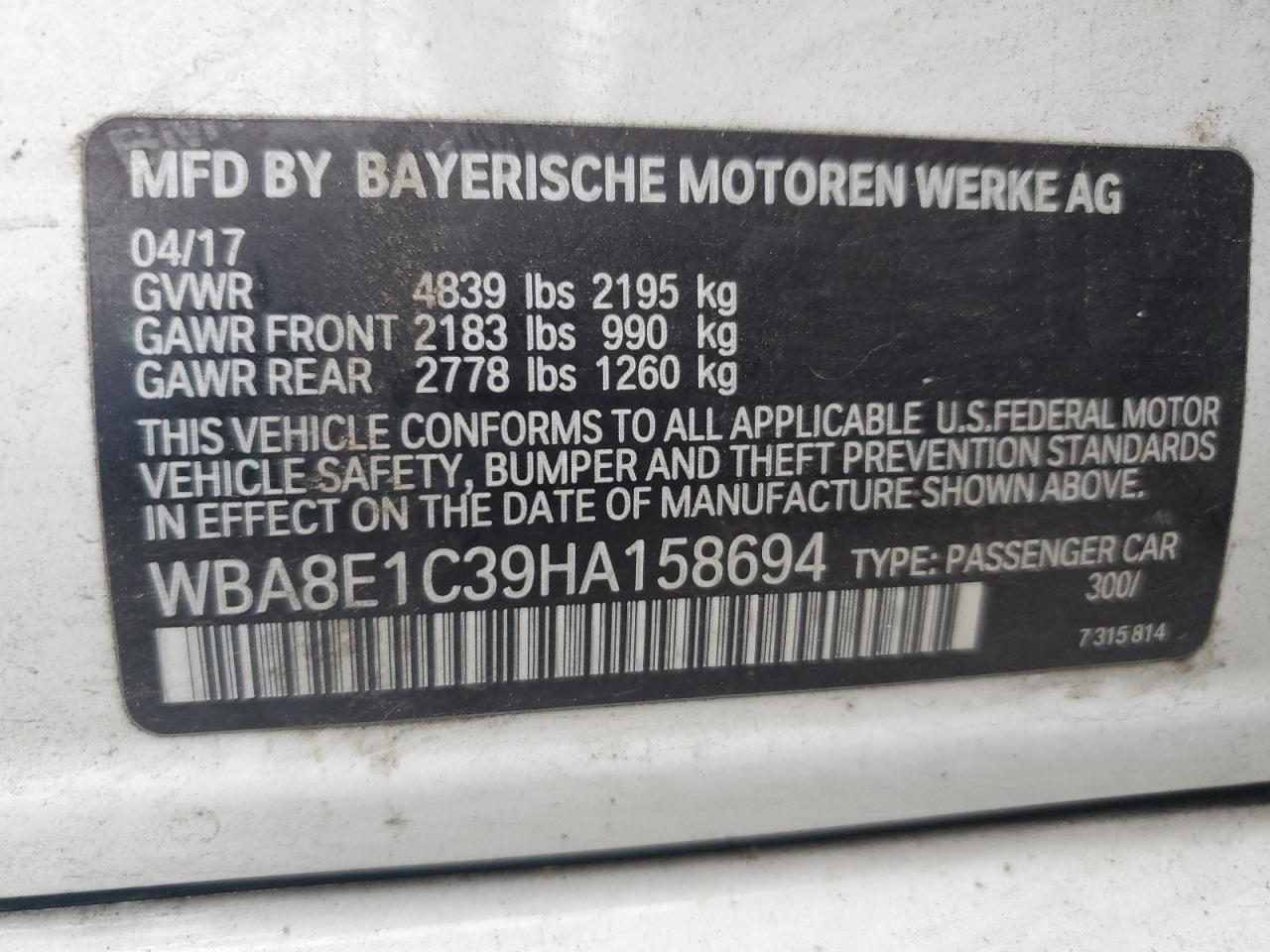 WBA8E1C39HA158694 2017 BMW 330E