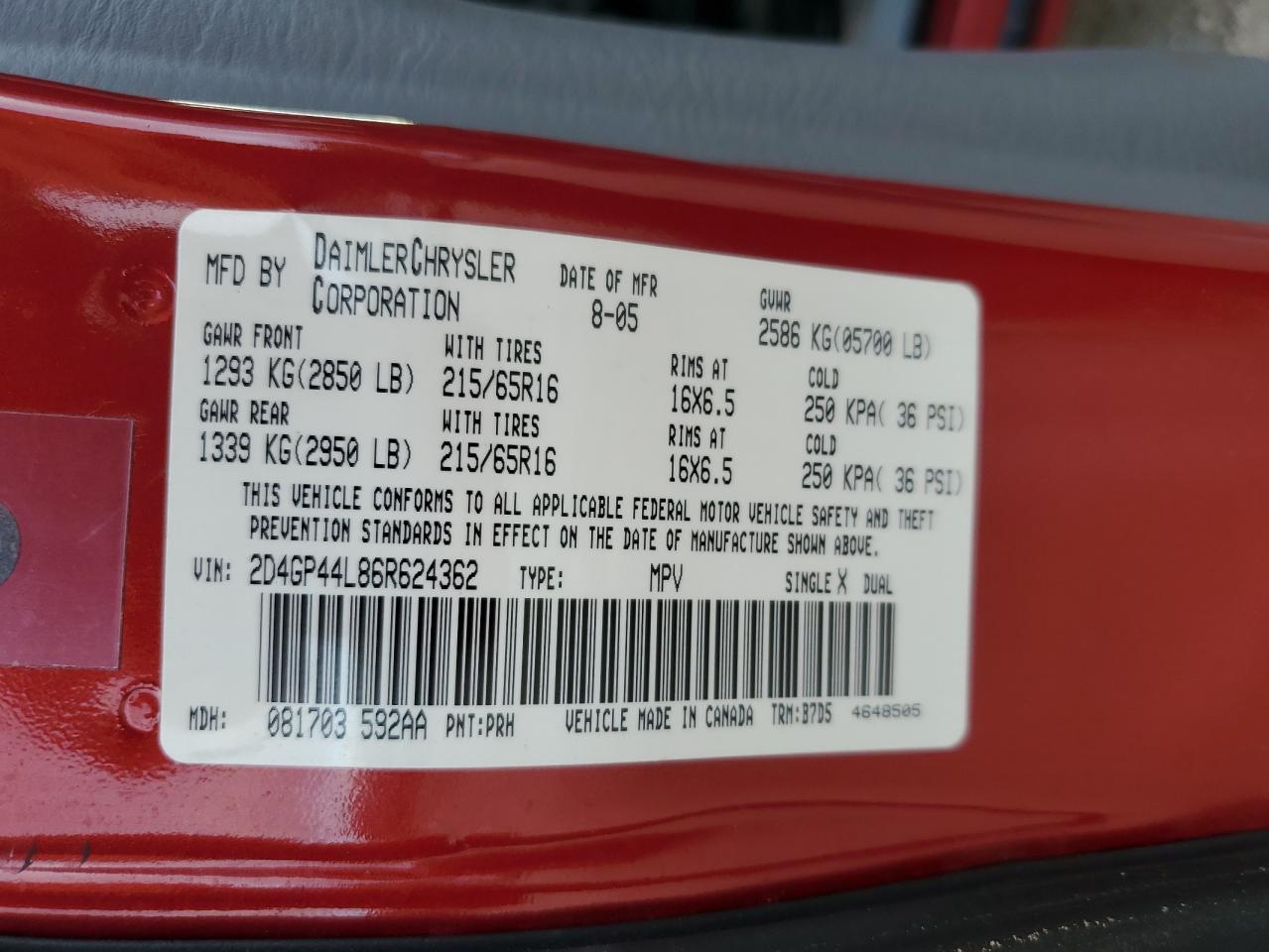 2006 Dodge Grand Caravan Sxt VIN: 2D4GP44L86R624362 Lot: 65728035