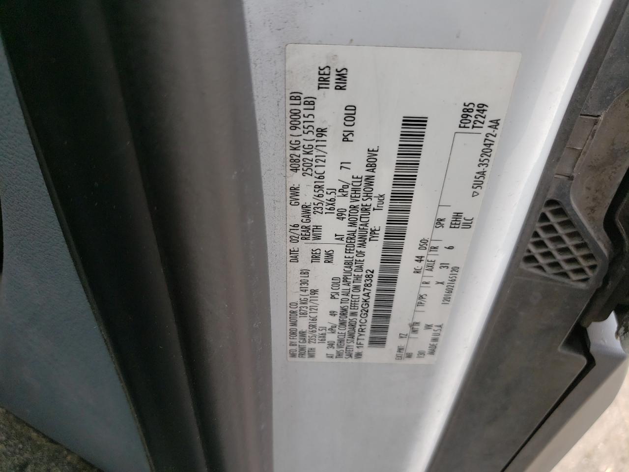 2016 Ford Transit T-250 VIN: 1FTYR1CG2GKA78382 Lot: 71128024