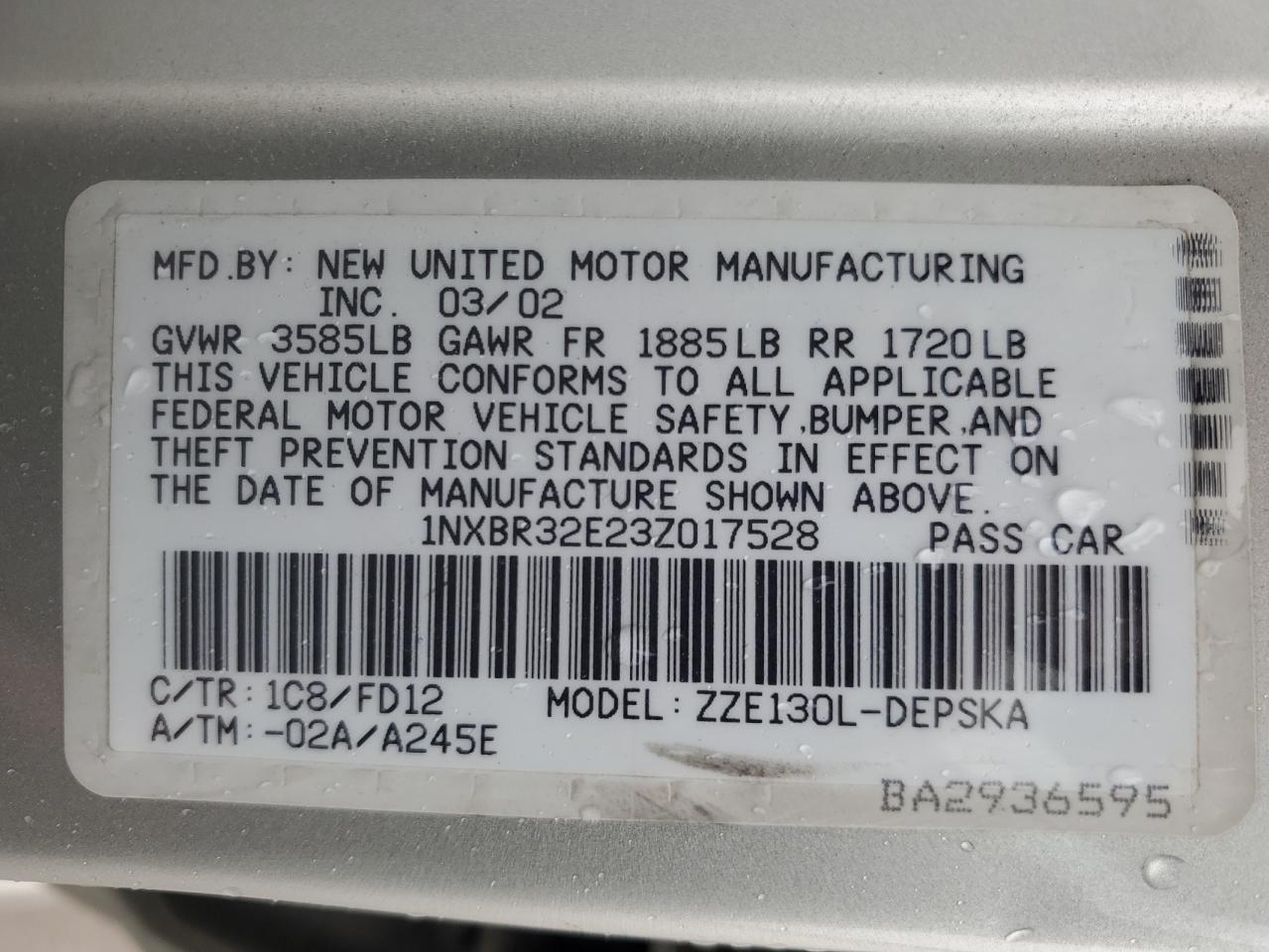 2003 Toyota Corolla Ce VIN: 1NXBR32E23Z017528 Lot: 69420604