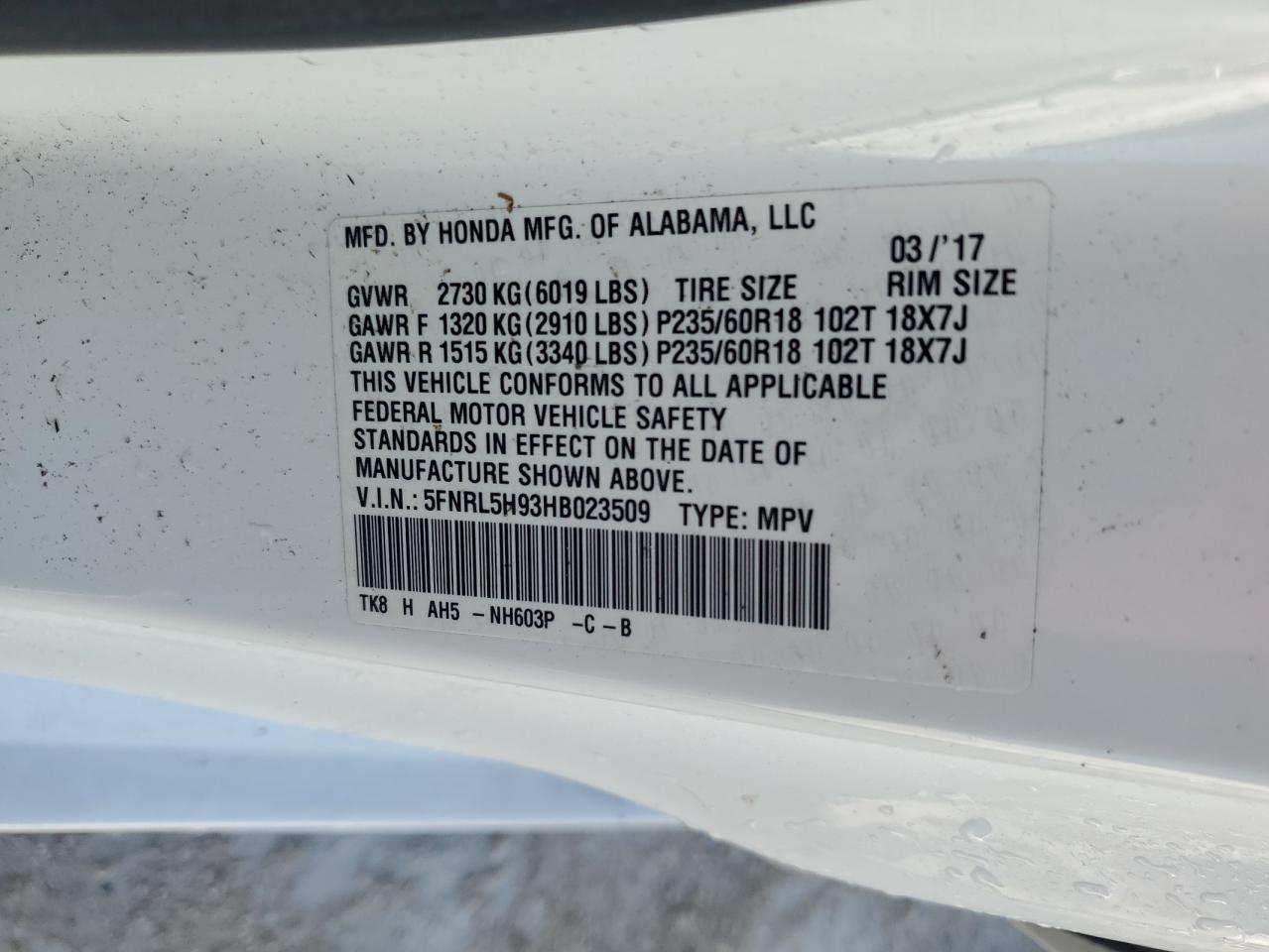 5FNRL5H93HB023509 2017 Honda Odyssey Touring