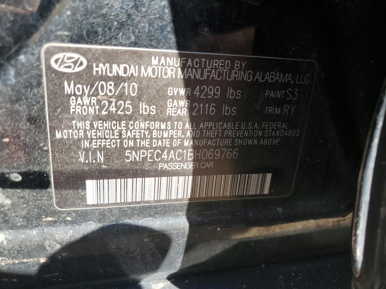 5NPEC4AC1BH069766 2011 Hyundai Sonata Se