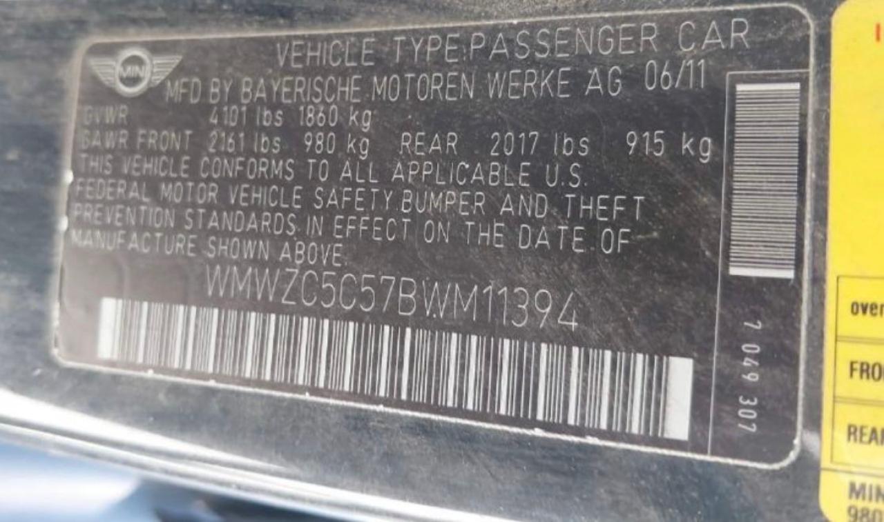 2011 Mini Cooper S Countryman VIN: WMWZC5C57BWM11394 Lot: 73085924