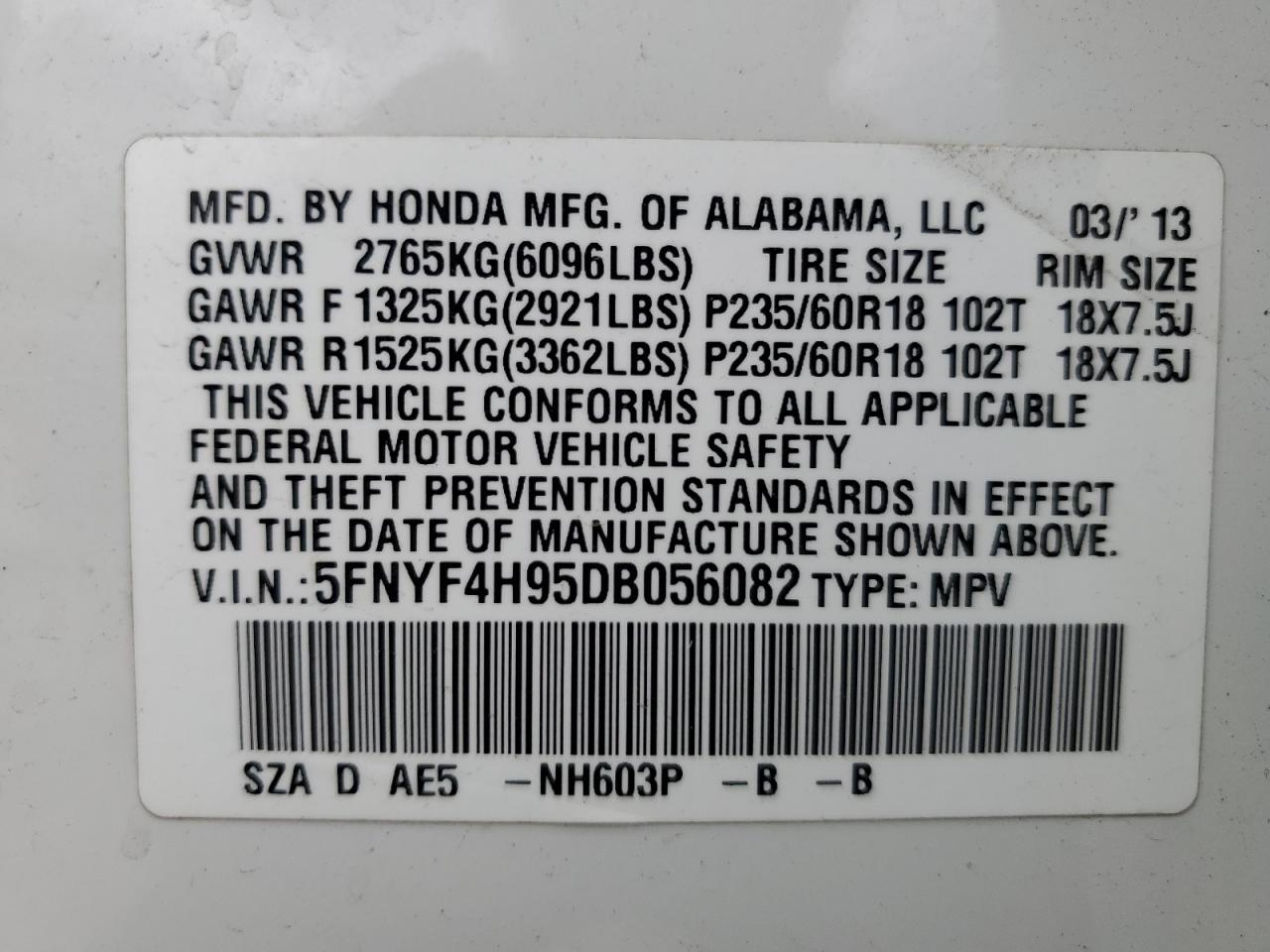 5FNYF4H95DB056082 2013 Honda Pilot Touring