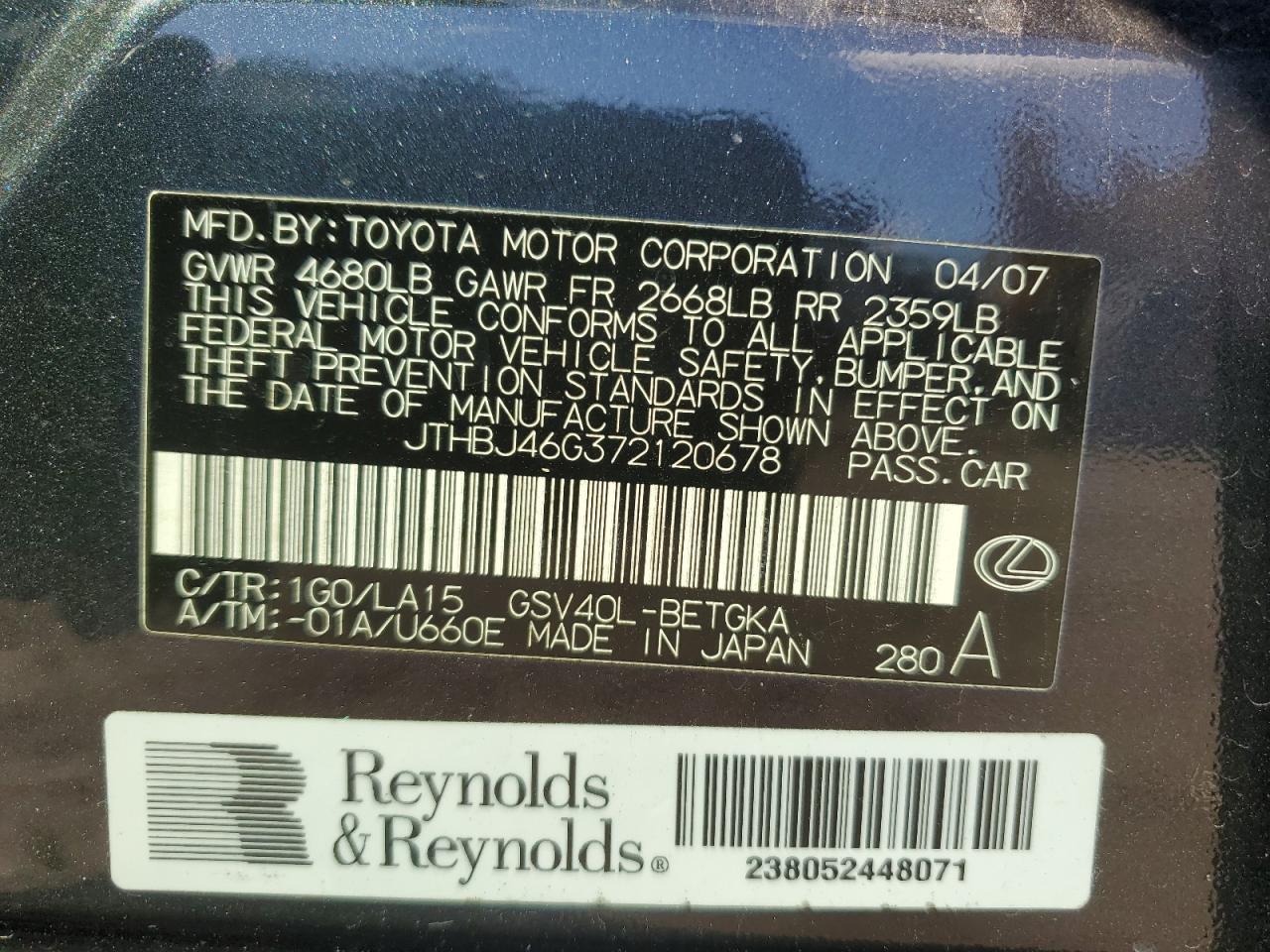 JTHBJ46G372120678 2007 Lexus Es 350