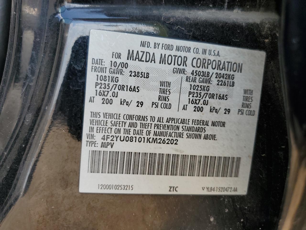 4F2YU08101KM26202 2001 Mazda Tribute Lx