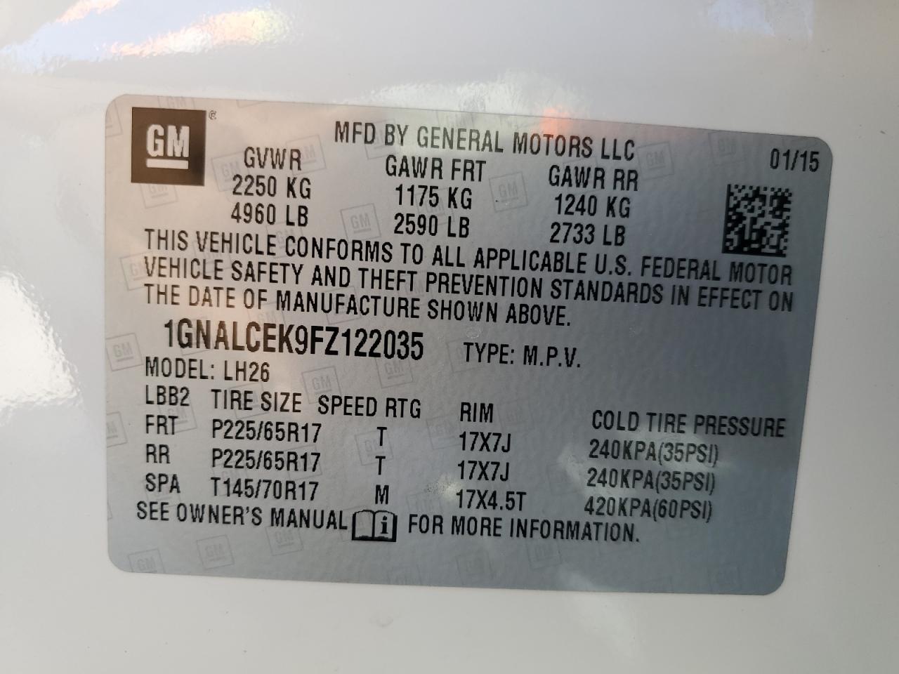 1GNALCEK9FZ122035 2015 Chevrolet Equinox Lt