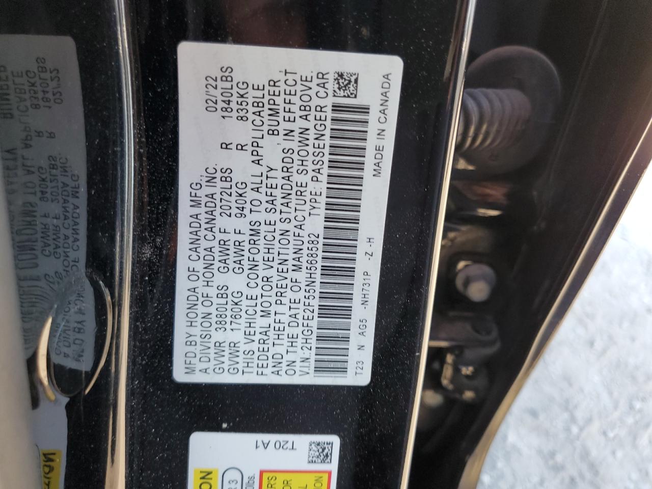 2022 Honda Civic Sport VIN: 2HGFE2F55NH568582 Lot: 68882464