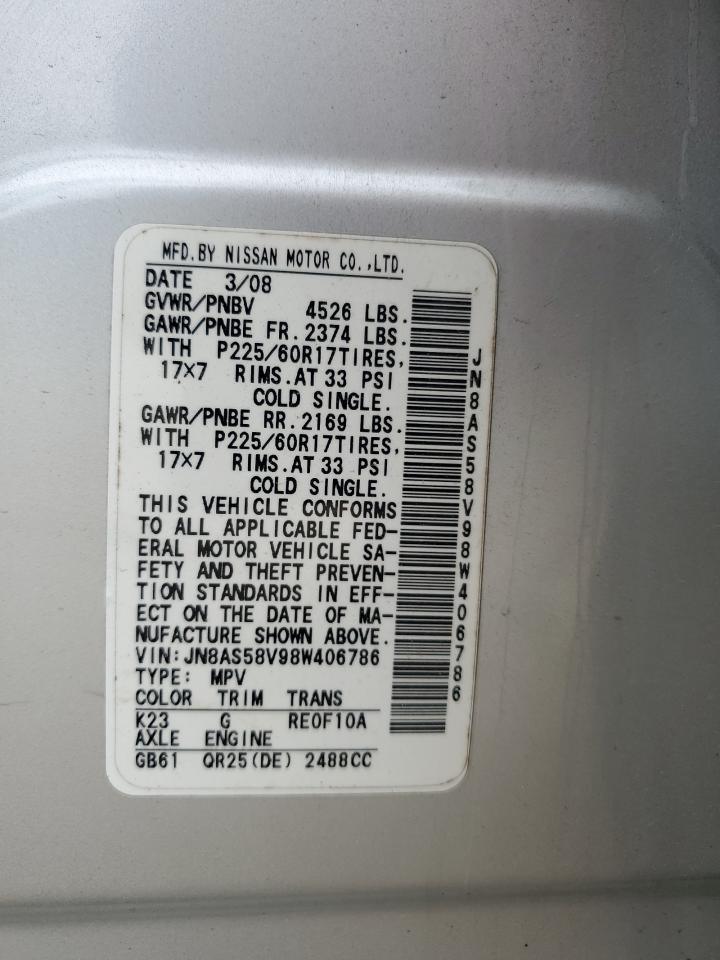 2008 Nissan Rogue S VIN: JN8AS58V98W406786 Lot: 72961334