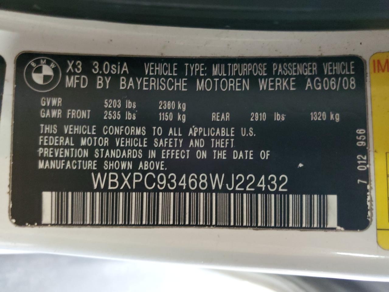 WBXPC93468WJ22432 2008 BMW X3 3.0Si