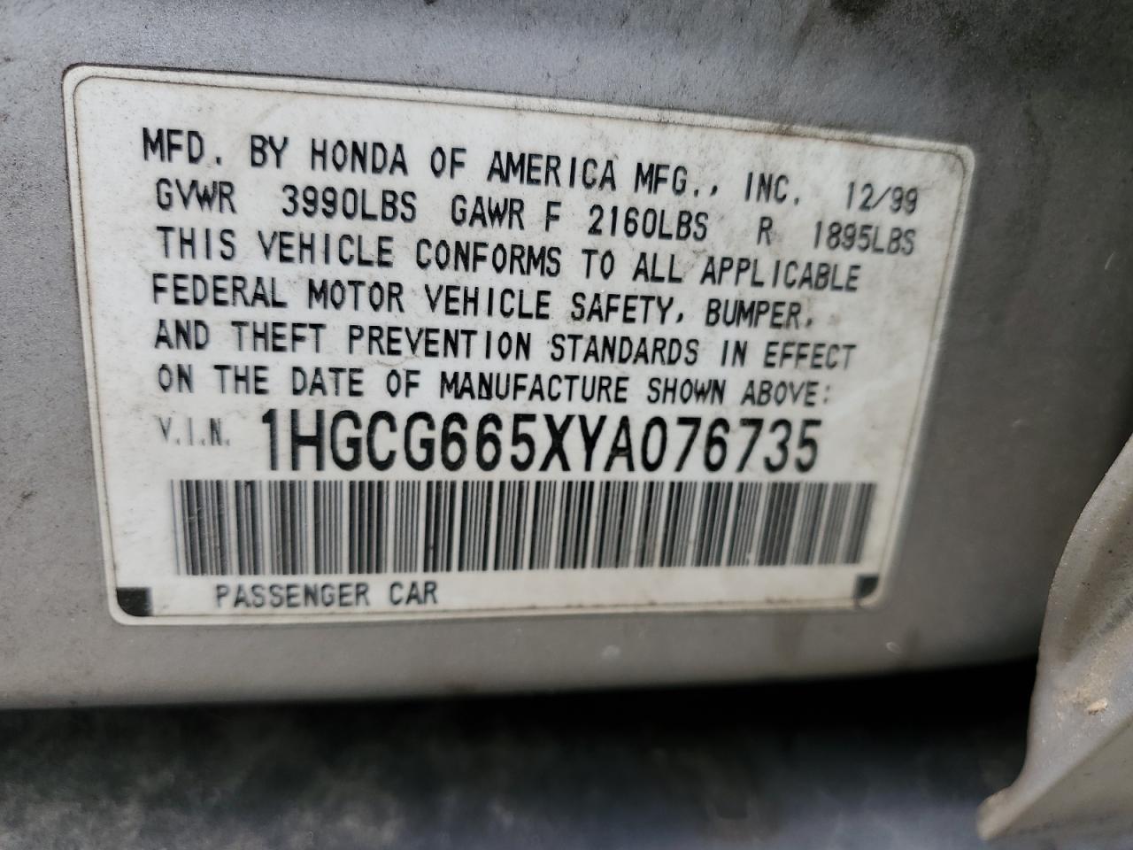 1HGCG665XYA076735 2000 Honda Accord Lx