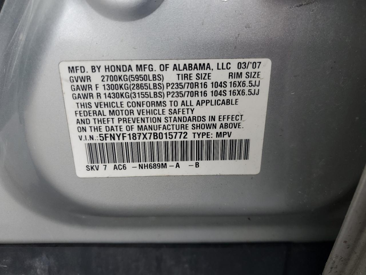 5FNYF187X7B015772 2007 Honda Pilot Exl