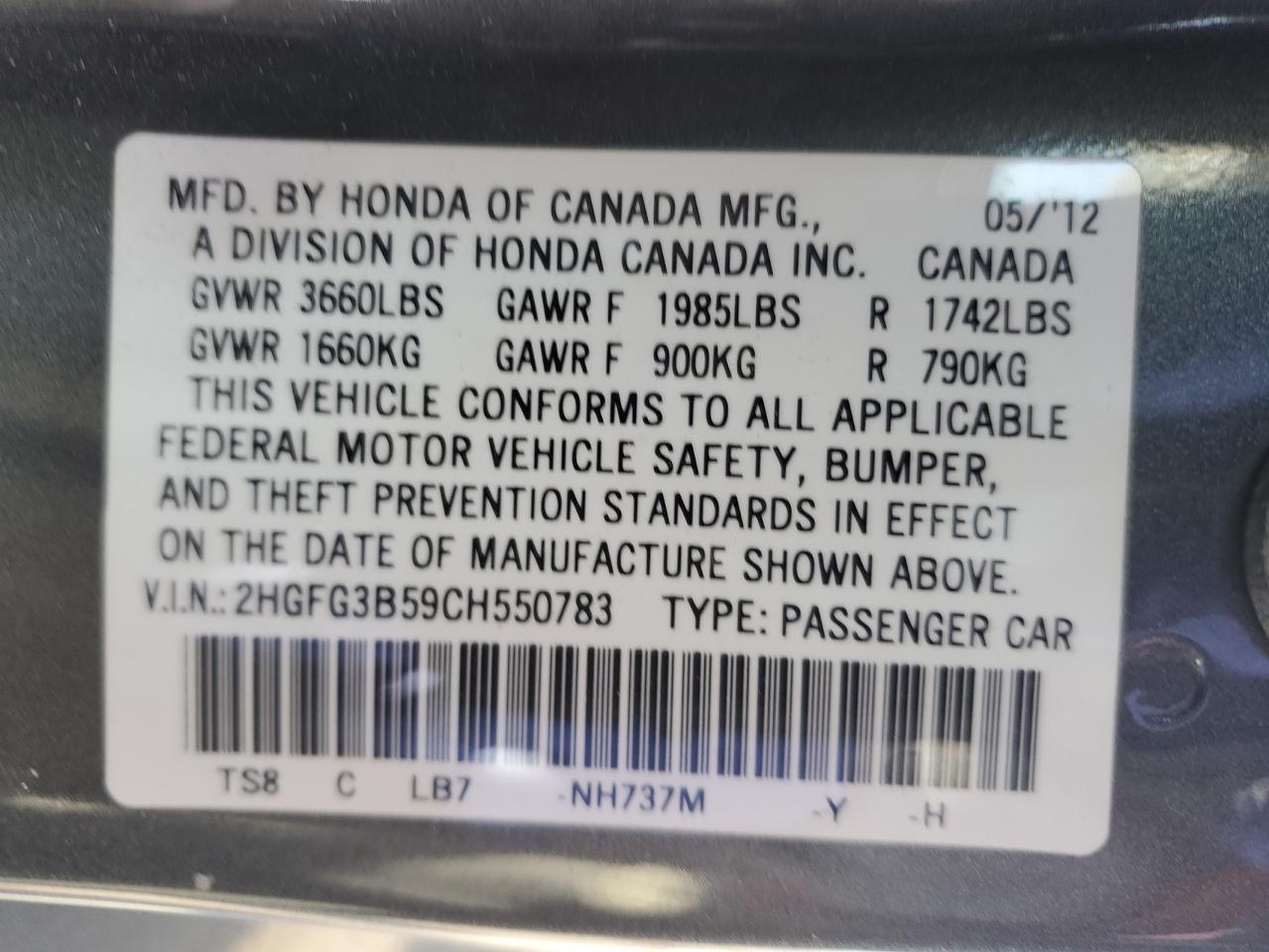 2HGFG3B59CH550783 2012 Honda Civic Lx