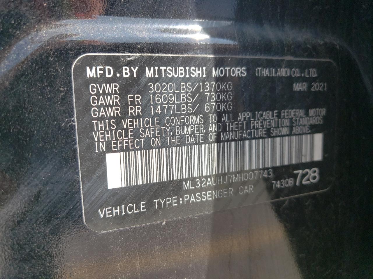 ML32AUHJ7MH007743 2021 Mitsubishi Mirage Es