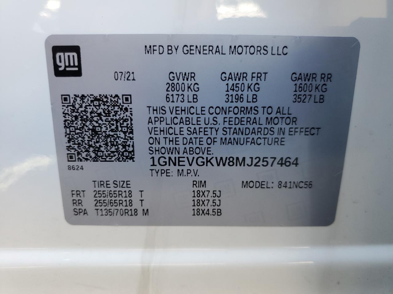 1GNEVGKW8MJ257464 2021 Chevrolet Traverse Lt