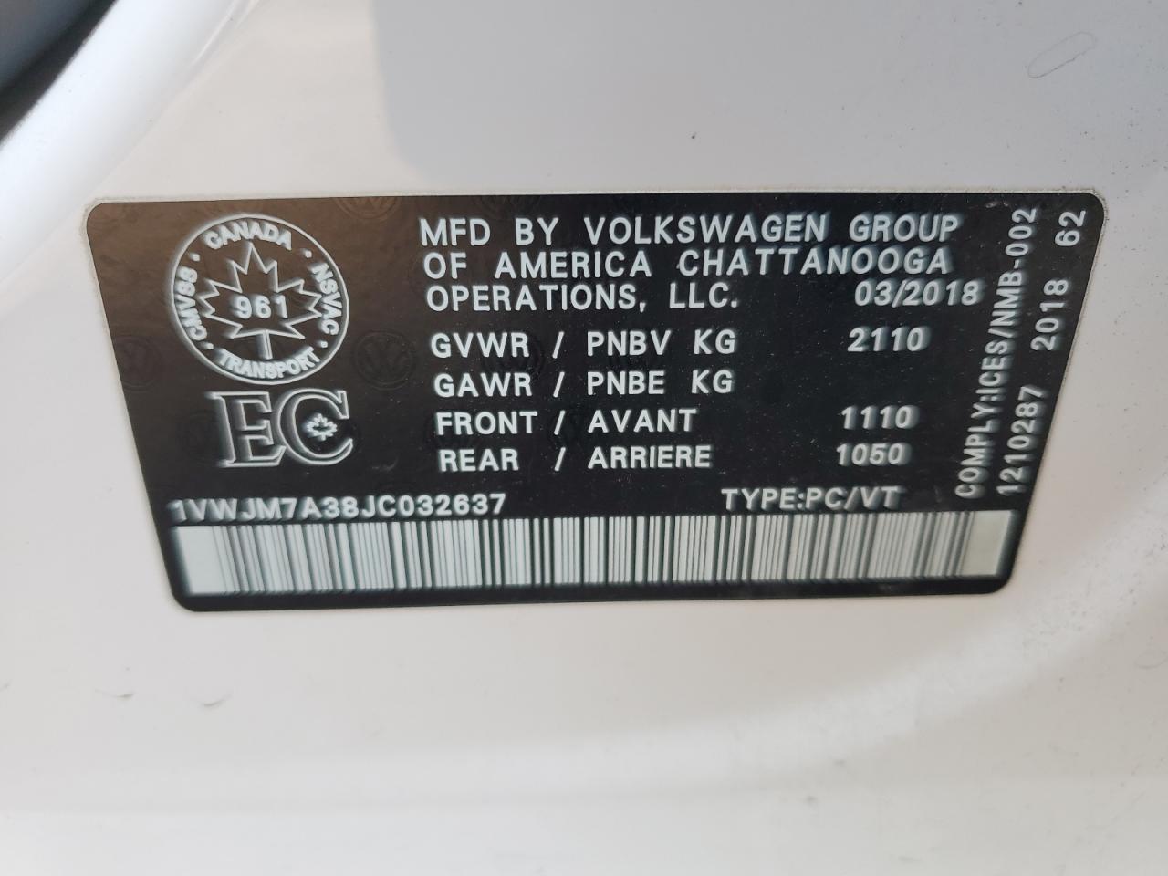 2018 Volkswagen Passat Gt VIN: 1VWJM7A38JC032637 Lot: 71270624