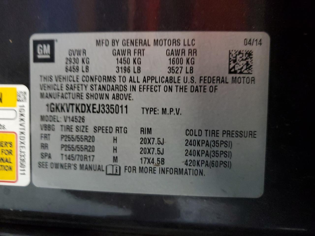 1GKKVTKDXEJ335011 2014 GMC Acadia Denali