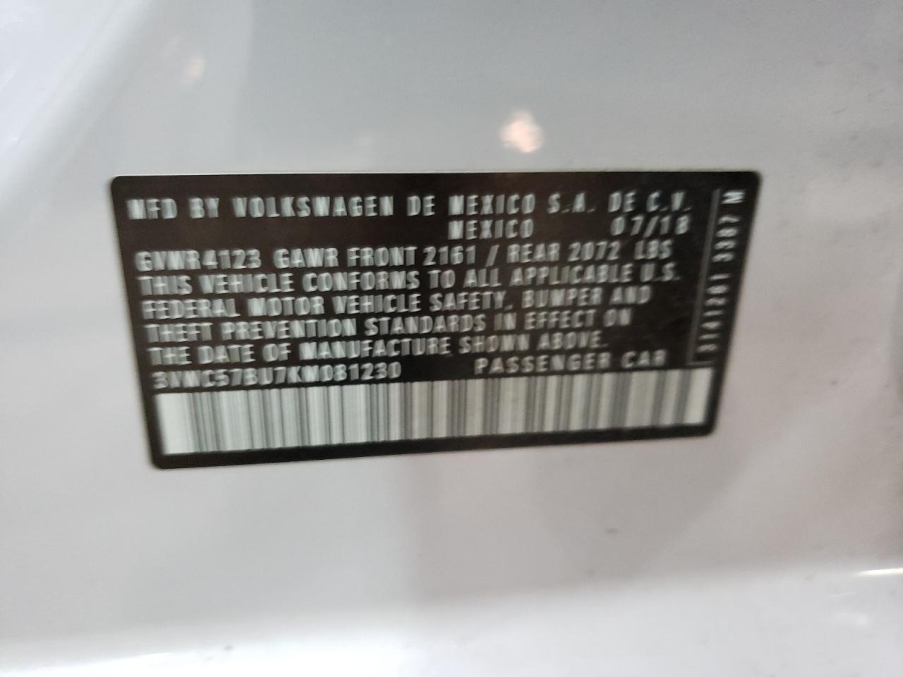 3VWC57BU7KM081230 2019 Volkswagen Jetta S