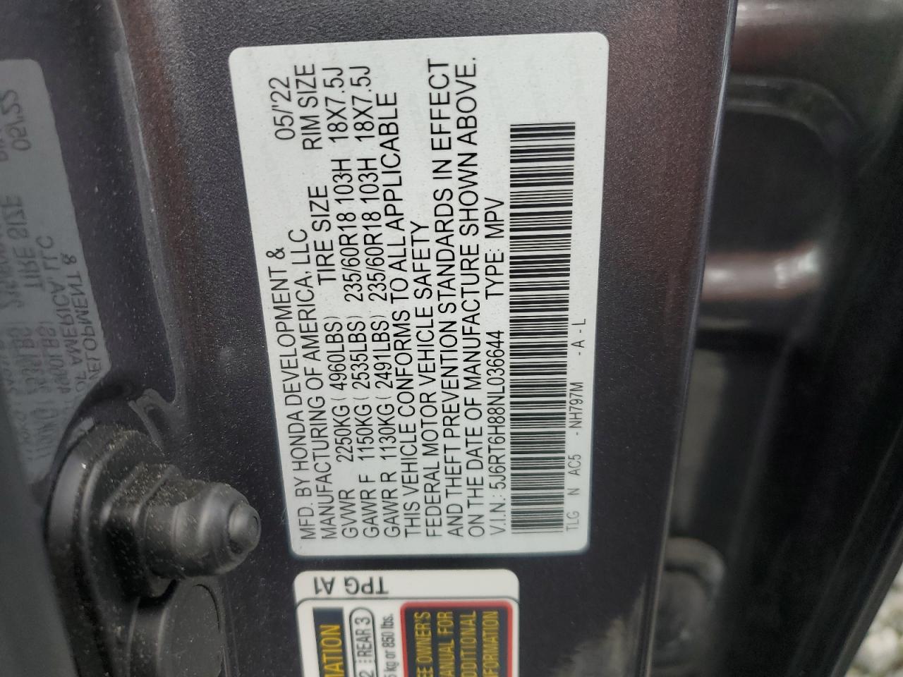 2022 Honda Cr-V Exl VIN: 5J6RT6H88NL036644 Lot: 72013724