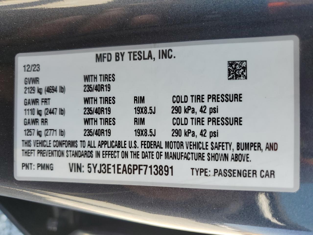 2023 Tesla Model 3 VIN: 5YJ3E1EA6PF713891 Lot: 73049074