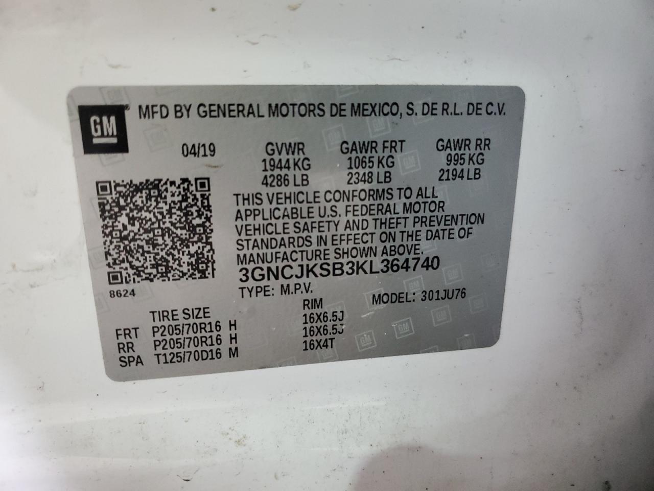 3GNCJKSB3KL364740 2019 Chevrolet Trax Ls