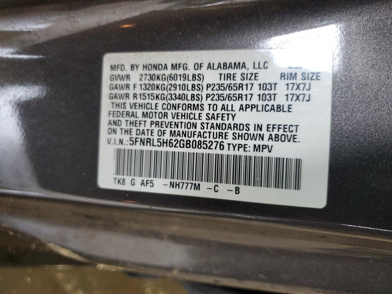 5FNRL5H62GB085276 2016 Honda Odyssey Exl