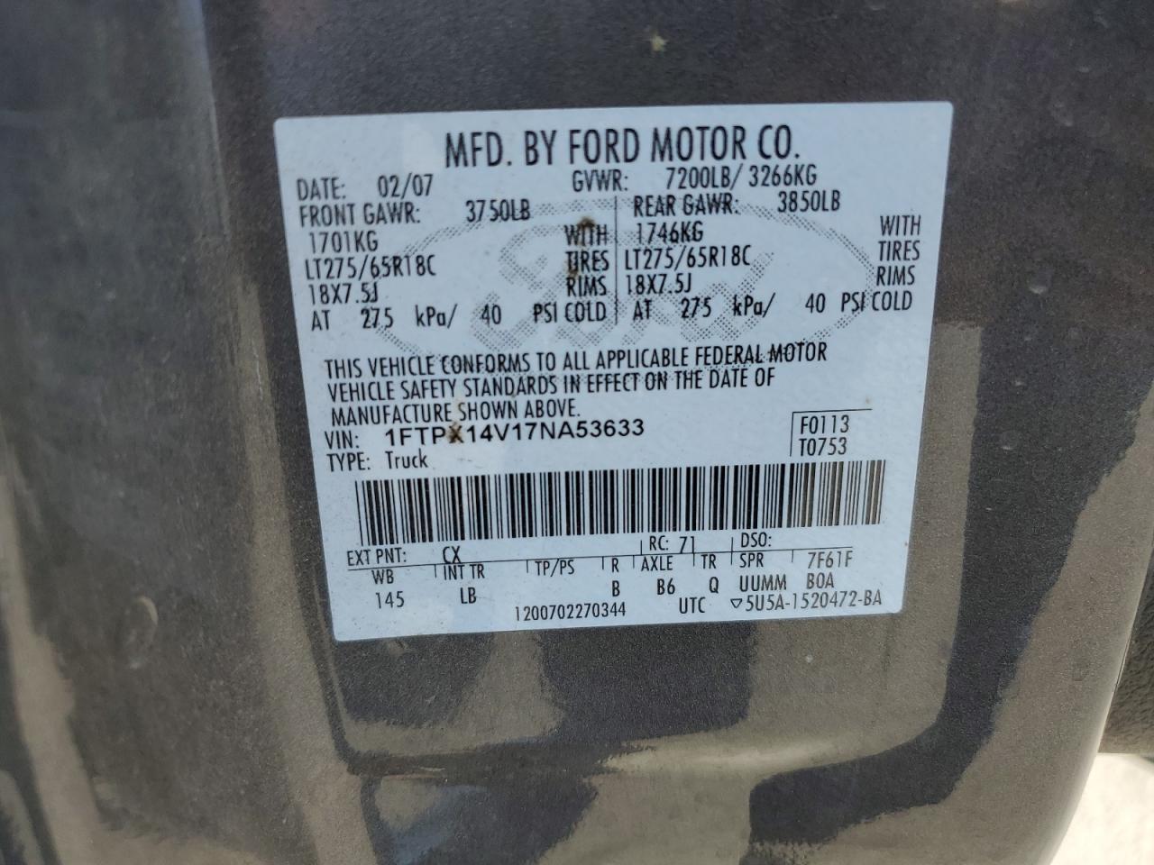 1FTPX14V17NA53633 2007 Ford F150