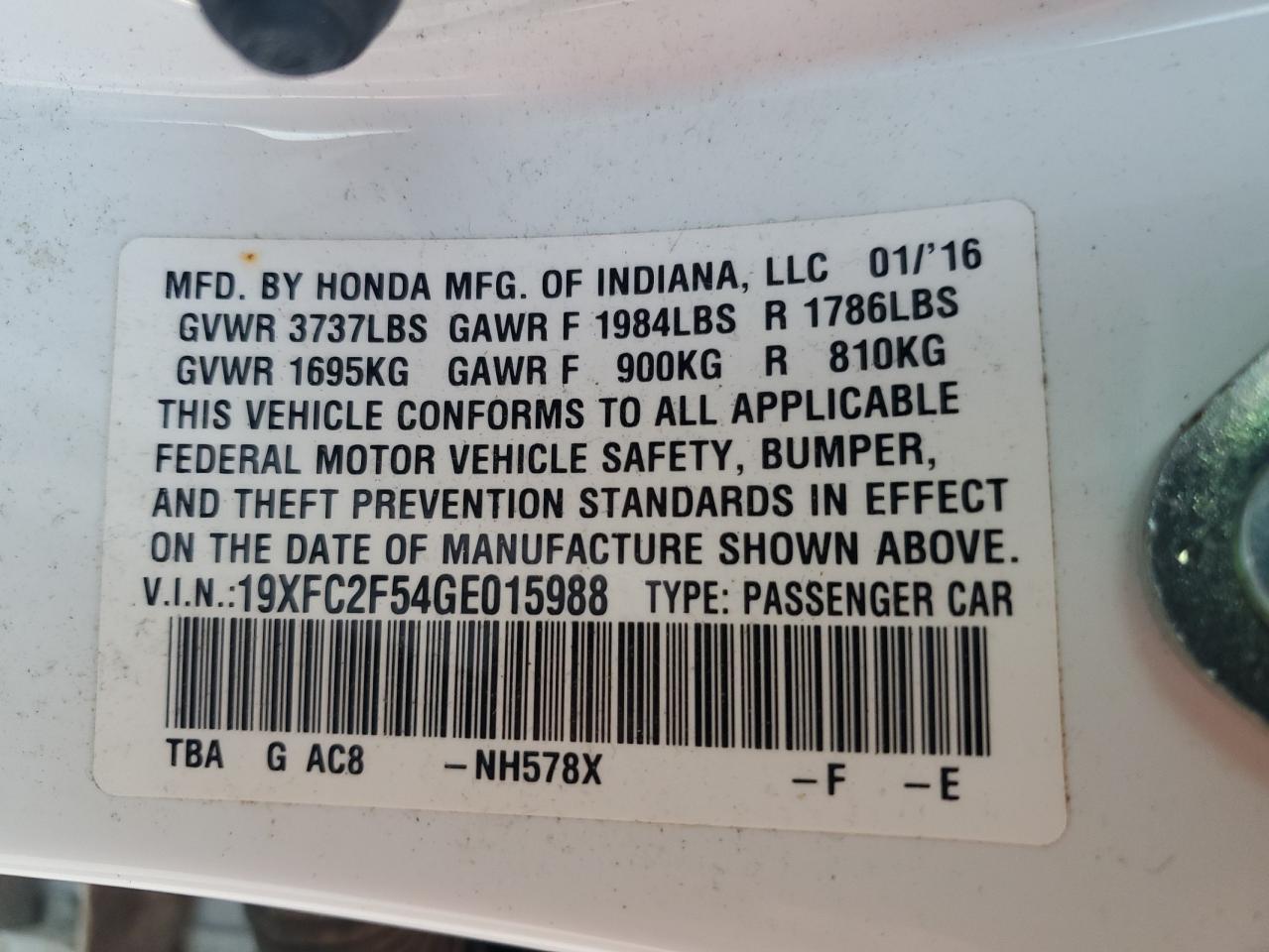 19XFC2F54GE015988 2016 Honda Civic Lx