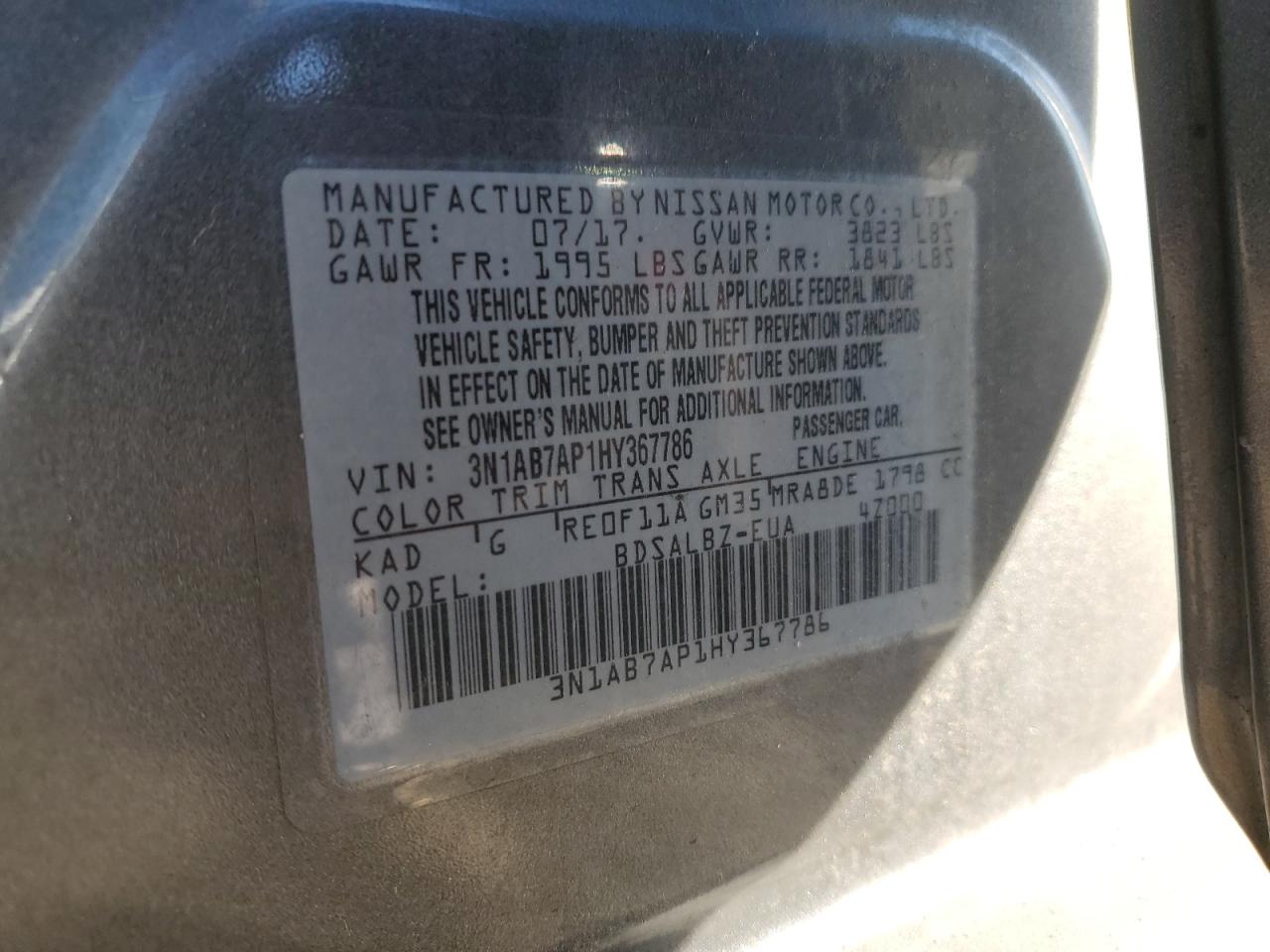 3N1AB7AP1HY367786 2017 Nissan Sentra S