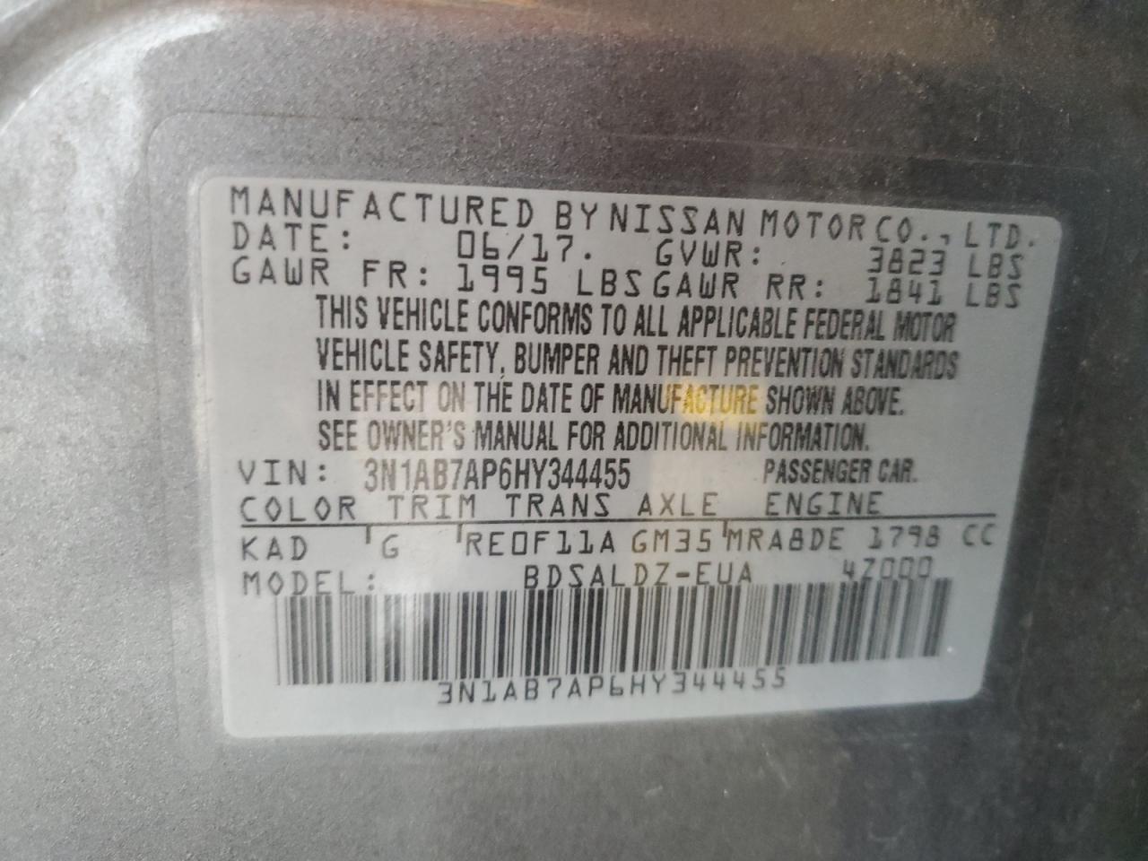 3N1AB7AP6HY344455 2017 Nissan Sentra S