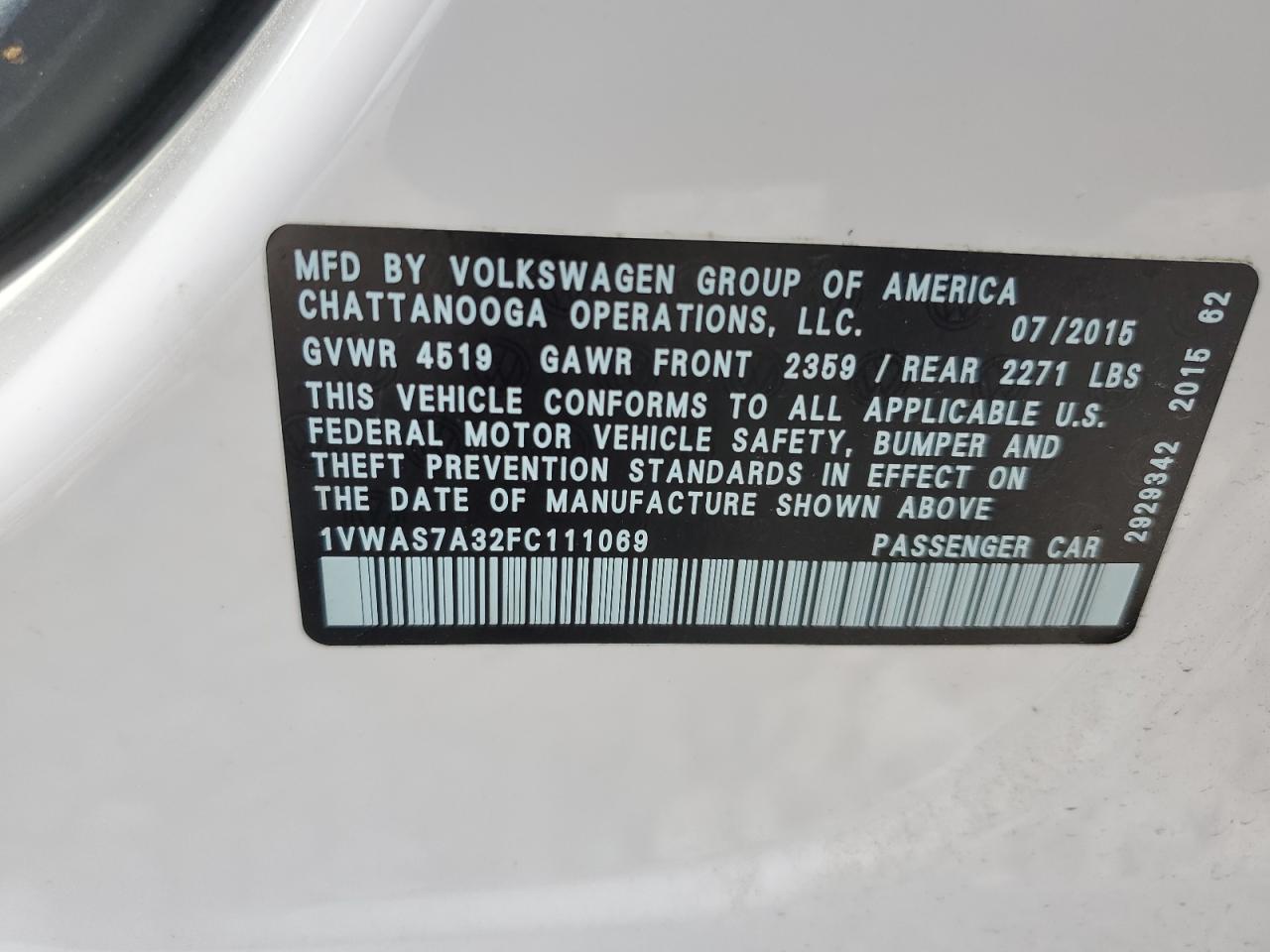 1VWAS7A32FC111069 2015 Volkswagen Passat S