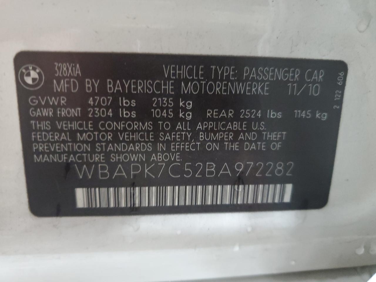 2011 BMW 328 Xi VIN: WBAPK7C52BA972282 Lot: 72749814