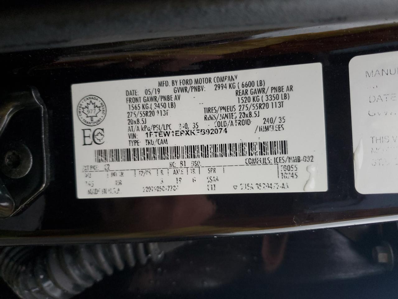 2019 Ford F150 Supercrew VIN: 1FTEW1EPXKFB92074 Lot: 72945814