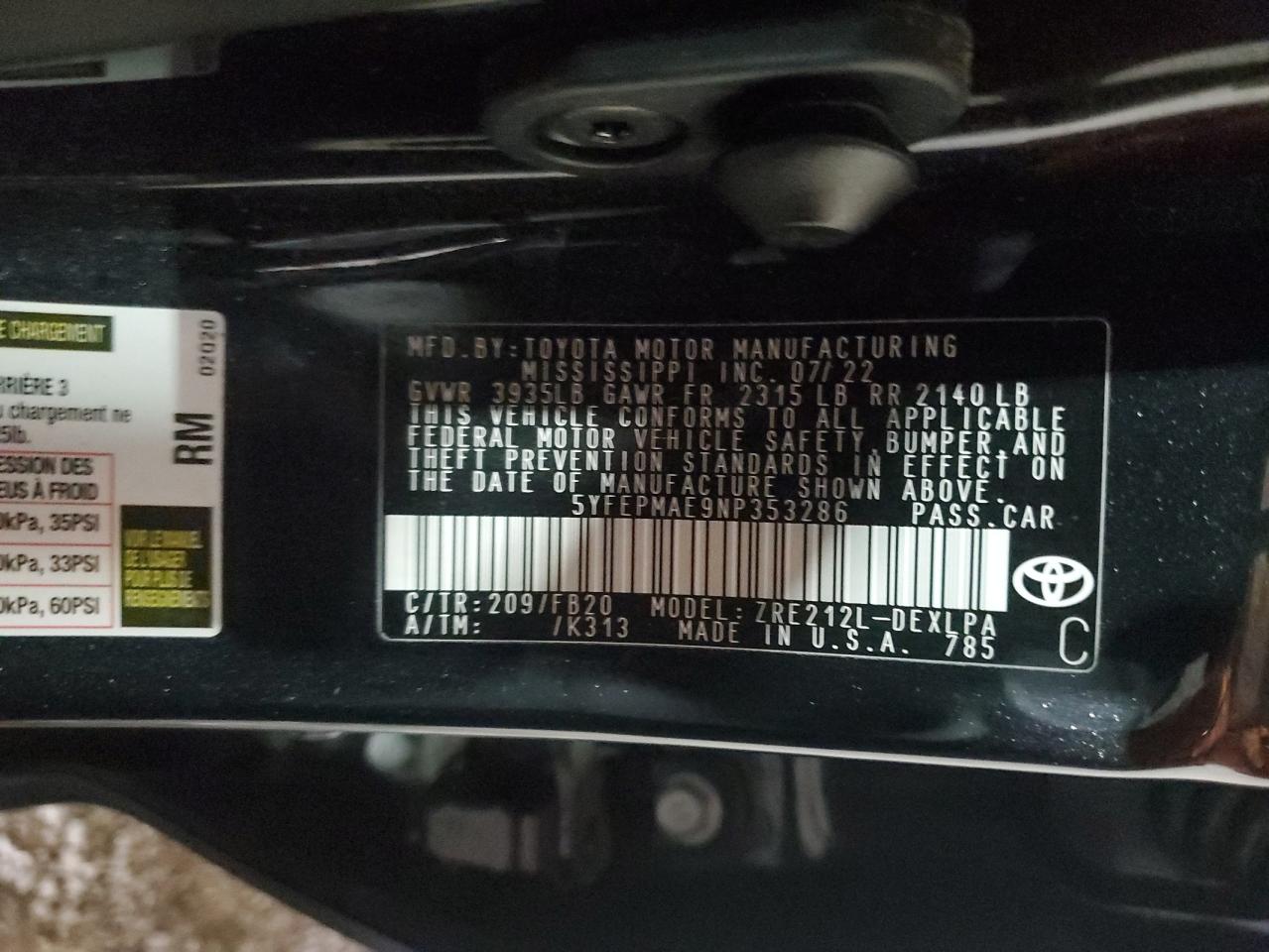 5YFEPMAE9NP353286 2022 Toyota Corolla Le