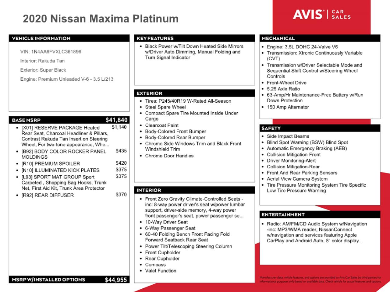 2020 Nissan Maxima Platinum VIN: 1N4AA6FVXLC361896 Lot: 70020904