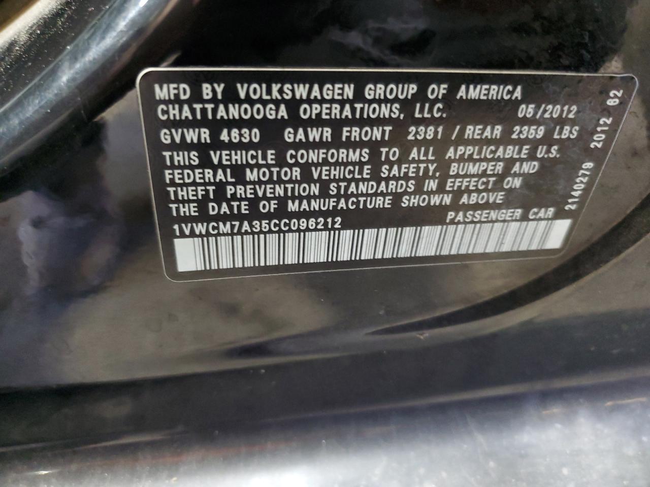 1VWCM7A35CC096212 2012 Volkswagen Passat Sel